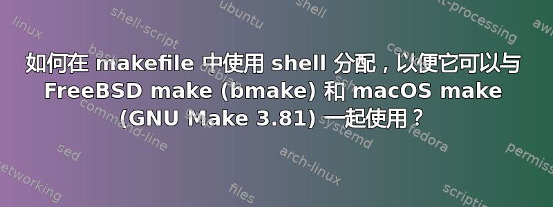 如何在 makefile 中使用 shell 分配，以便它可以与 FreeBSD make (bmake) 和 macOS make (GNU Make 3.81) 一起使用？