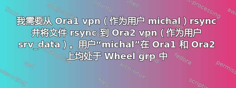 我需要从 Ora1 vpn（作为用户 michal）rsync 并将文件 rsync 到 Ora2 vpn（作为用户 srv_data）。用户“michal”在 Ora1 和 Ora2 上均处于 Wheel grp 中