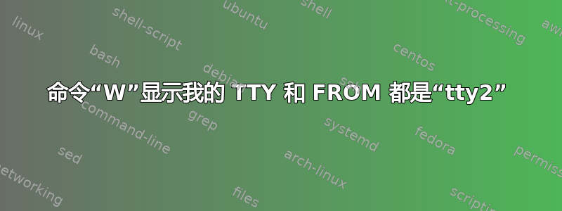 命令“W”显示我的 TTY 和 FROM 都是“tty2”