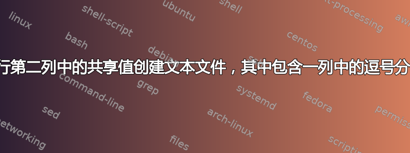 根据命令行第二列中的共享值创建文本文件，其中包含一列中的逗号分隔值列表