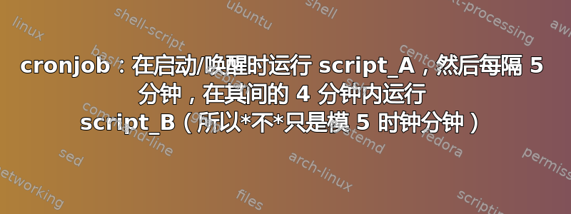 cronjob：在启动/唤醒时运行 script_A，然后每隔 5 分钟，在其间的 4 分钟内运行 script_B（所以*不*只是模 5 时钟分钟）