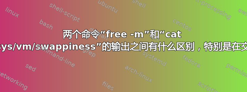 两个命令“free -m”和“cat /proc/sys/vm/swappiness”的输出之间有什么区别，特别是在交换方面