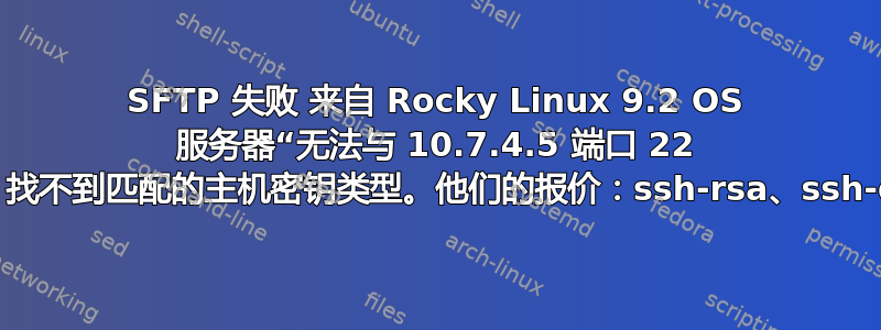 SFTP 失败 来自 Rocky Linux 9.2 OS 服务器“无法与 10.7.4.5 端口 22 协商：找不到匹配的主机密钥类型。他们的报价：ssh-rsa、ssh-dss”