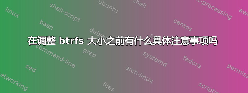 在调整 btrfs 大小之前有什么具体注意事项吗