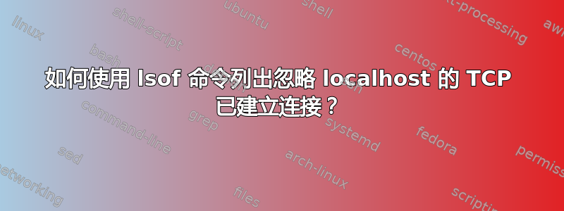 如何使用 lsof 命令列出忽略 localhost 的 TCP 已建立连接？