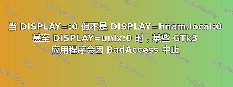 当 DISPLAY=:0 但不是 DISPLAY=hnam.local:0 甚至 DISPLAY=unix:0 时，某些 GTk3 应用程序会因 BadAccess 中止