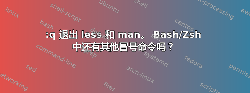 :q 退出 less 和 man。 Bash/Zsh 中还有其他冒号命令吗？