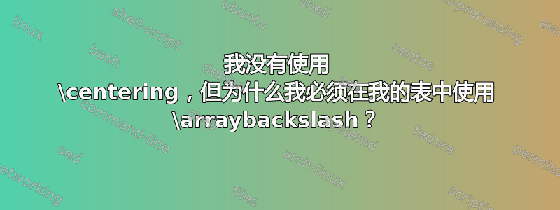 我没有使用 \centering，但为什么我必须在我的表中使用 \arraybackslash？