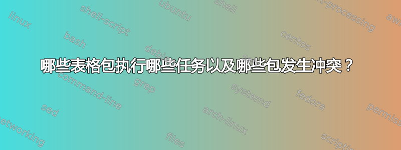 哪些表格包执行哪些任务以及哪些包发生冲突？