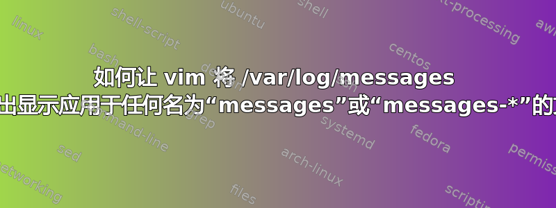 如何让 vim 将 /var/log/messages 语法突出显示应用于任何名为“messages”或“messages-*”的文件？