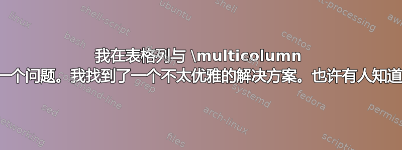 我在表格列与 \multicolumn 结合使用时遇到了一个问题。我找到了一个不太优雅的解决方案。也许有人知道更好的解决方案？