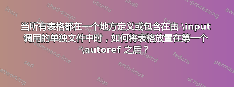 当所有表格都在一个地方定义或包含在由 \input 调用的单独文件中时，如何将表格放置在第一个 \autoref 之后？