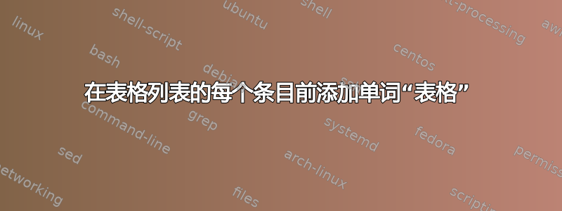 在表格列表的每个条目前添加单词“表格”