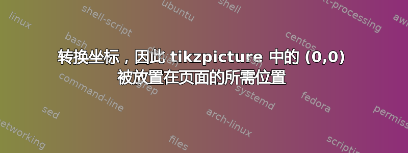 转换坐标，因此 tikzpicture 中的 (0,0) 被放置在页面的所需位置