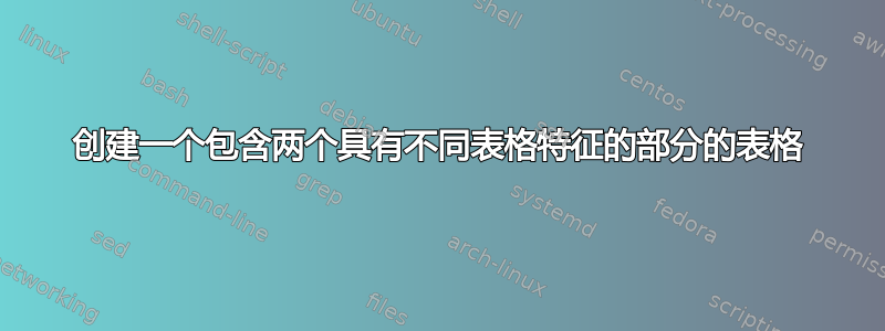 创建一个包含两个具有不同表格特征的部分的表格