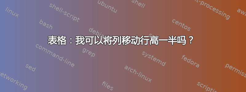 表格：我可以将列移动行高一半吗？