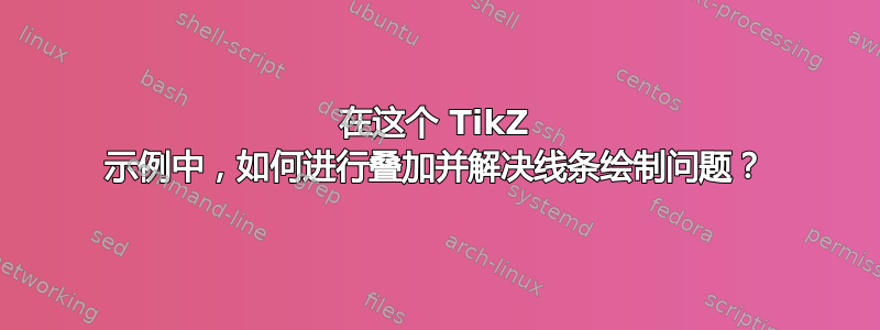 在这个 TikZ 示例中，如何进行叠加并解决线条绘制问题？