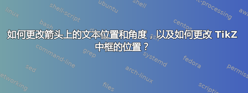 如何更改箭头上的文本位置和角度，以及如何更改 TikZ 中框的位置？