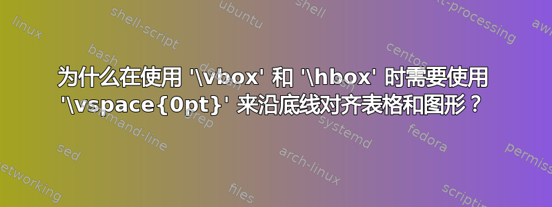 为什么在使用 '\vbox' 和 '\hbox' 时需要使用 '\vspace{0pt}' 来沿底线对齐表格和图形？