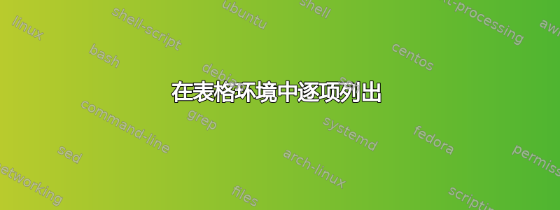 在表格环境中逐项列出