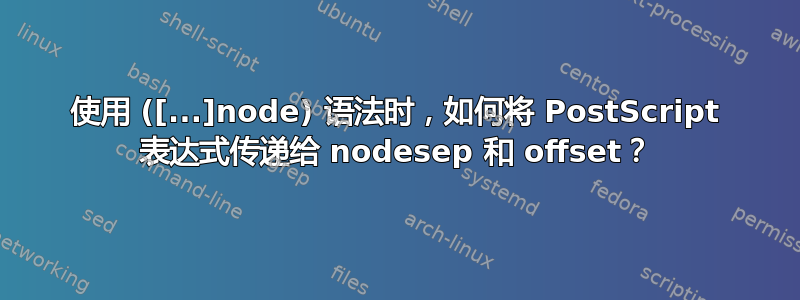 使用 ([...]node) 语法时，如何将 PostScript 表达式传递给 nodesep 和 offset？