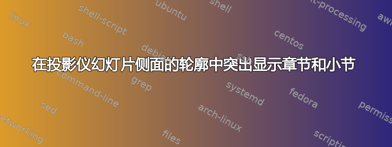 在投影仪幻灯片侧面的轮廓中突出显示章节和小节