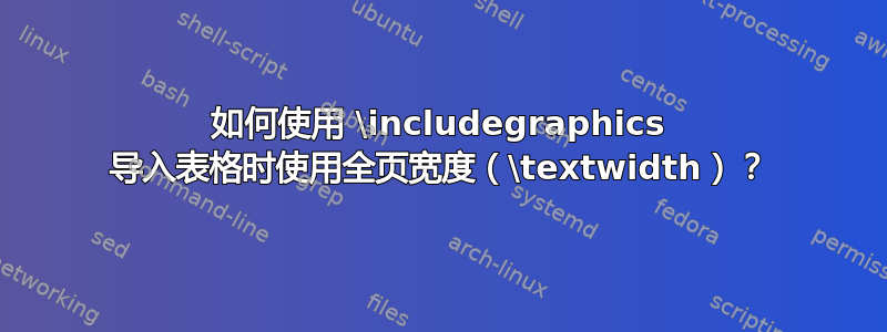 如何使用 \includegraphics 导入表格时使用全页宽度（\textwidth）？