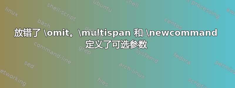 放错了 \omit。\multispan 和 \newcommand 定义了可选参数