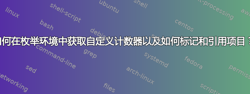 如何在枚举环境中获取自定义计数器以及如何标记和引用项目？