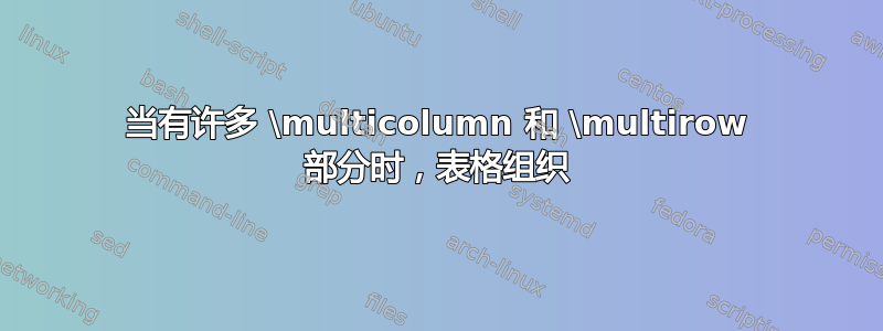 当有许多 \multicolumn 和 \multirow 部分时，表格组织