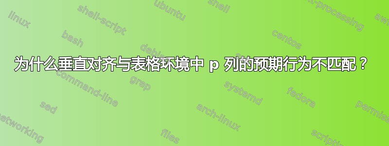 为什么垂直对齐与表格环境中 p 列的预期行为不匹配？