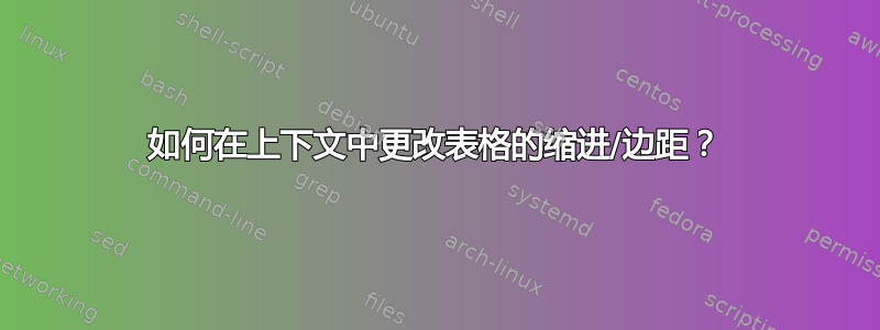 如何在上下文中更改表格的缩进/边距？