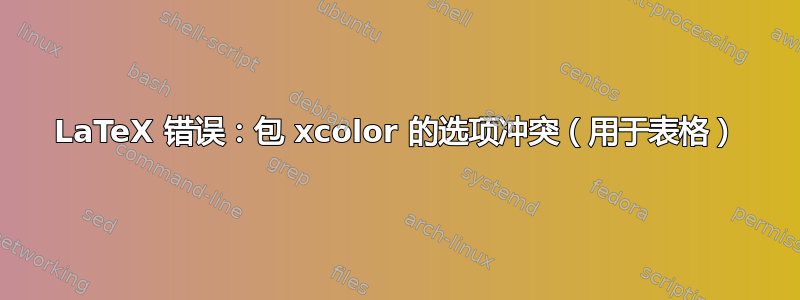 LaTeX 错误：包 xcolor 的选项冲突（用于表格）