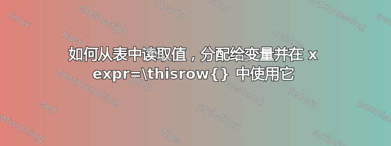 如何从表中读取值，分配给变量并在 x expr=\thisrow{} 中使用它