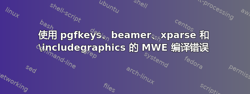 使用 pgfkeys、beamer、xparse 和 \includegraphics 的 MWE 编译错误