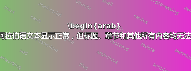 \begin{arab} 中的阿拉伯语文本显示正常，但标题、章节和其他所有内容均无法显示