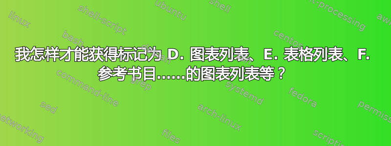 我怎样才能获得标记为 D. 图表列表、E. 表格列表、F. 参考书目……的图表列表等？