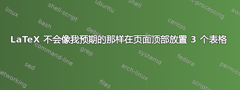 LaTeX 不会像我预期的那样在页面顶部放置 3 个表格