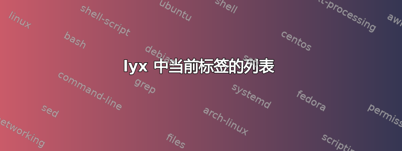 lyx 中当前标签的列表