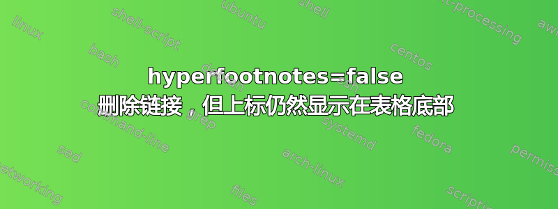 hyperfootnotes=false 删除链接，但上标仍然显示在表格底部