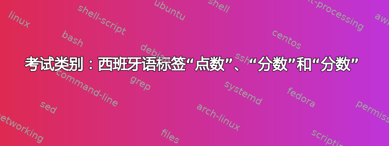 考试类别：西班牙语标签“点数”、“分数”和“分数”