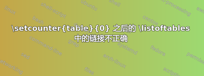 \setcounter{table}{0} 之后的 \listoftables 中的链接不正确