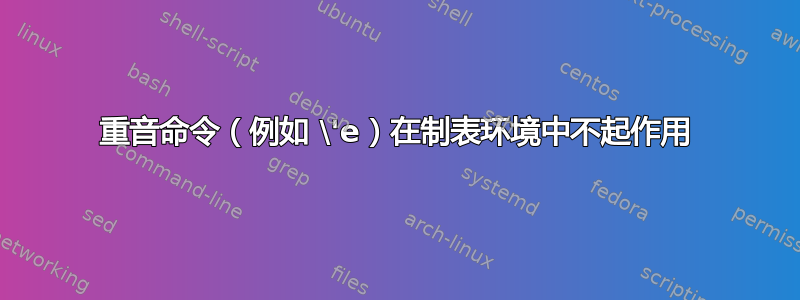 重音命令（例如 \'e）在制表环境中不起作用