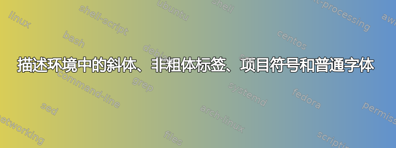 描述环境中的斜体、非粗体标签、项目符号和普通字体