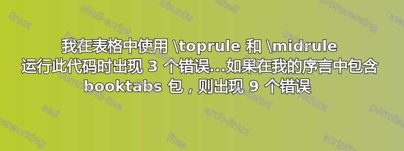 我在表格中使用 \toprule 和 \midrule 运行此代码时出现 3 个错误...如果在我的序言中包含 booktabs 包，则出现 9 个错误 