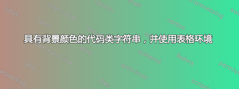 具有背景颜色的代码类字符串，并使用表格环境