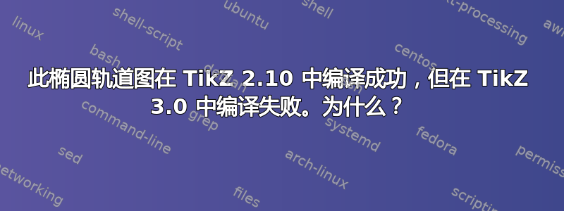 此椭圆轨道图在 TikZ 2.10 中编译成功，但在 TikZ 3.0 中编译失败。为什么？