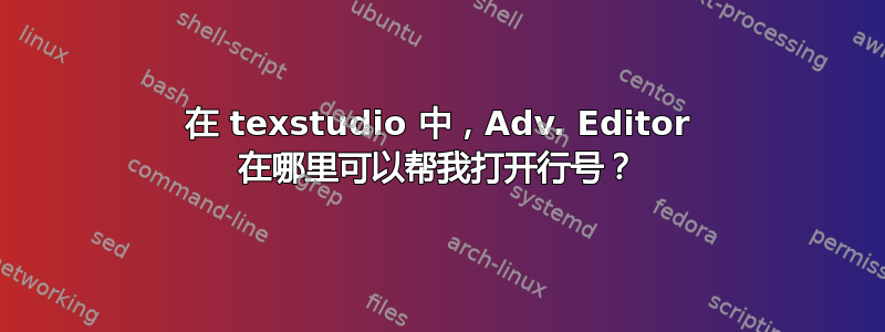 在 texstudio 中，Adv. Editor 在哪里可以帮我打开行号？