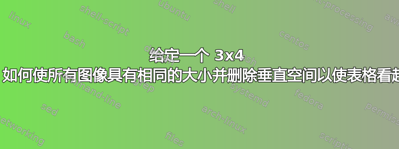 给定一个 3x4 的图像表，如何使所有图像具有相同的大小并删除垂直空间以使表格看起来无缝？