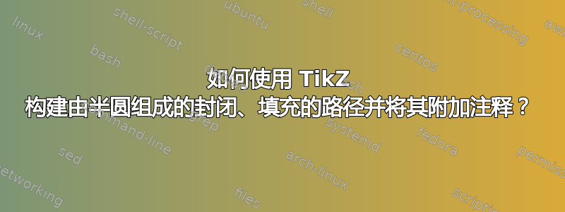 如何使用 TikZ 构建由半圆组成的封闭、填充的路径并将其附加注释？